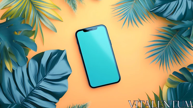 Smartphone Surrounded by Tropical Foliage on Warm Background