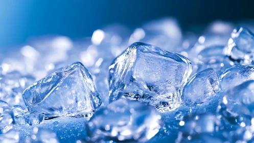 Glistening ice cubes sparkle in cool blue studio light.