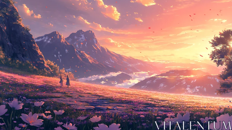 Two travelers cross a glowing alpine meadow at sunset