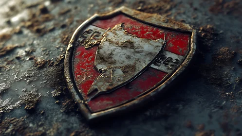 Weathered red shield resting quietly on worn metal surface.