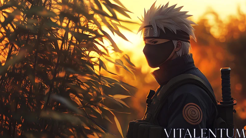 Masked anime ninja in sunset forest profile view.