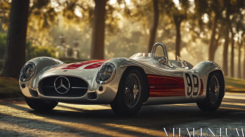 Silver racing legend idles in sunlit boulevard hush.