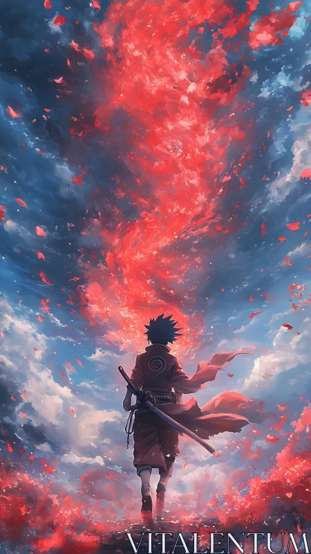 Samurai wanderer beneath blazing crimson sky vortex.