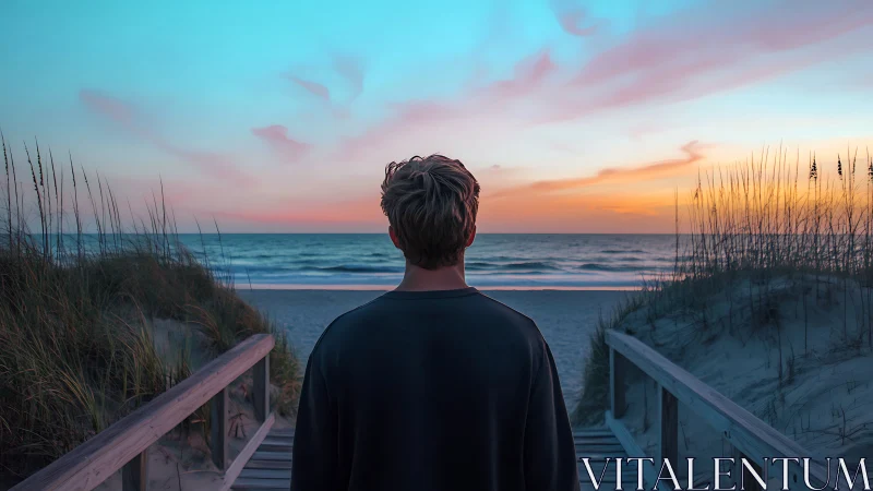 Backlit coastal observer on dune boardwalk at chromatic sunset.