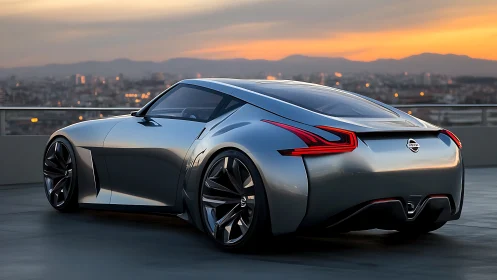Sunset city skyline embracing a sleek silver sports coupe.