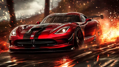 Aerodynamic red track car slicing through incendiary motion fields.