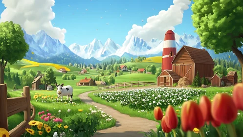 Sunny mountain farm glows with flowers, fields and red barns