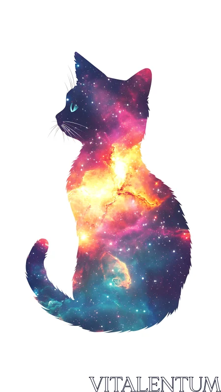 Nebula-filled cat silhouette integrates cosmic gradient and starfield