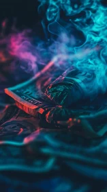 Curled banknotes lie under colored smoke in low light
