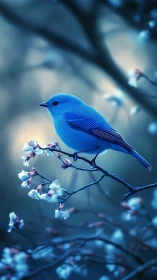 Vibrant Blue Bird Perched on Delicate Flowering Branch