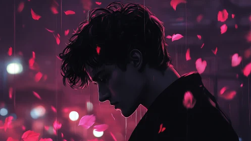 Melancholic young man in profile with falling petals at night.