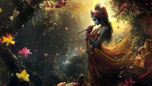 Blue-skinned flute player stands in glowing, flowered forest