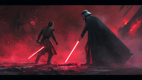 Red-lit duel between armored figure and cloaked warrior.