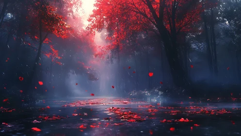 Crimson forest canopy over misted river under rainfall glow.