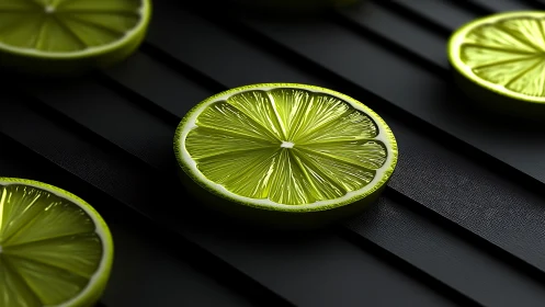 Lime slices rest on dark parallel textured surfaces