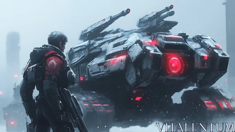 Lone soldier meets a glowing war machine in the snowfall.