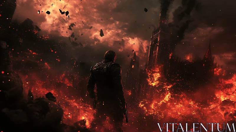 Solitary Warrior Amid Apocalyptic Inferno.