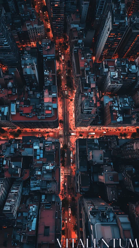 Nocturnal aerial grid of dense city intersection in blue red