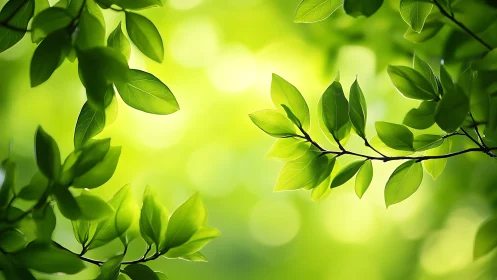 Sunlit green leaves frame vibrant soft-focus forest glow