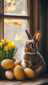 Curious spring rabbit among golden eggs and flowers.