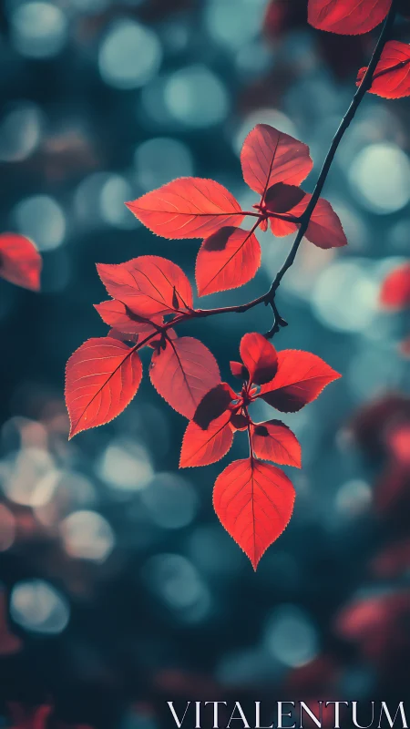 Scarlet leaves glow softly against a dreamy teal forest bokeh