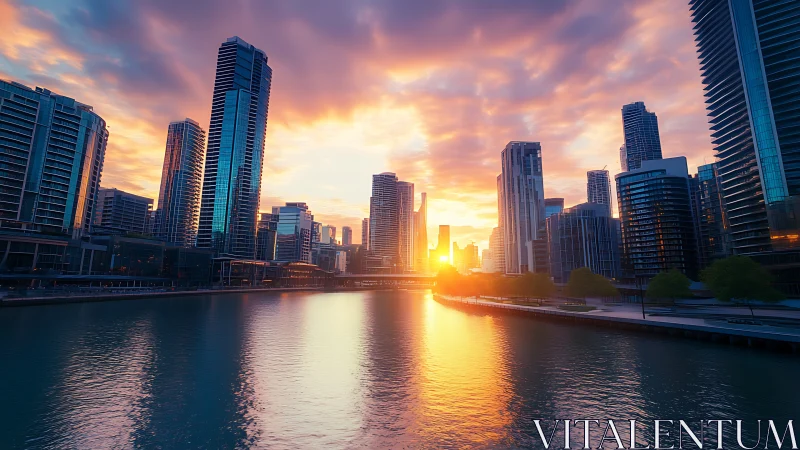 Urban waterfront skyline at sunrise over calm river.