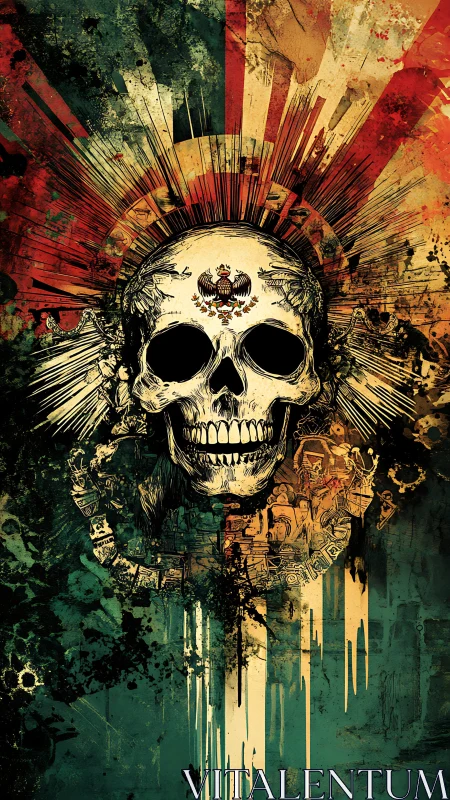 Skull-sunburst crown unravels empires in splattered decay