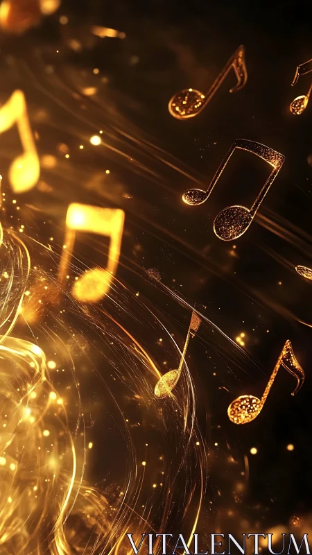 Golden musical notes float in illuminated abstract space