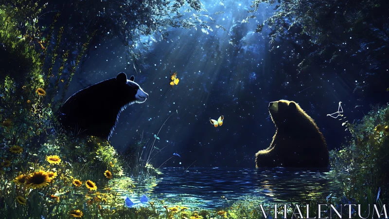 Moonlit bears share a quiet forest pond with glowing butterflies