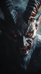 Hellforged horned demon snarls through embers and shadow.