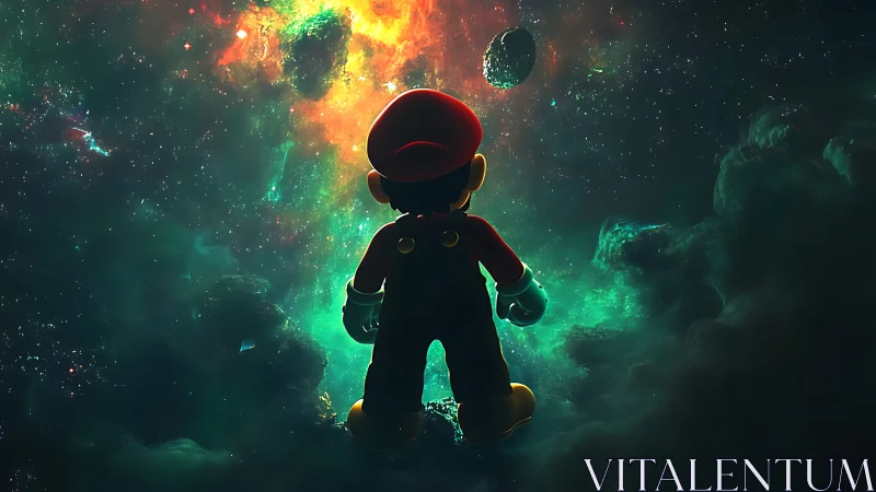 Cartoon plumber silhouette is positioned before luminous nebula