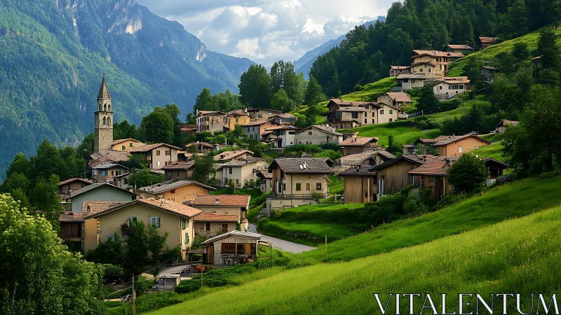 Mountain village with clustered homes and church tower.