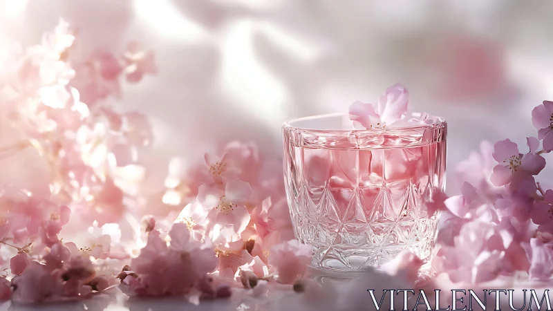 Crystal glass holds pink drink amid soft cherry blossoms