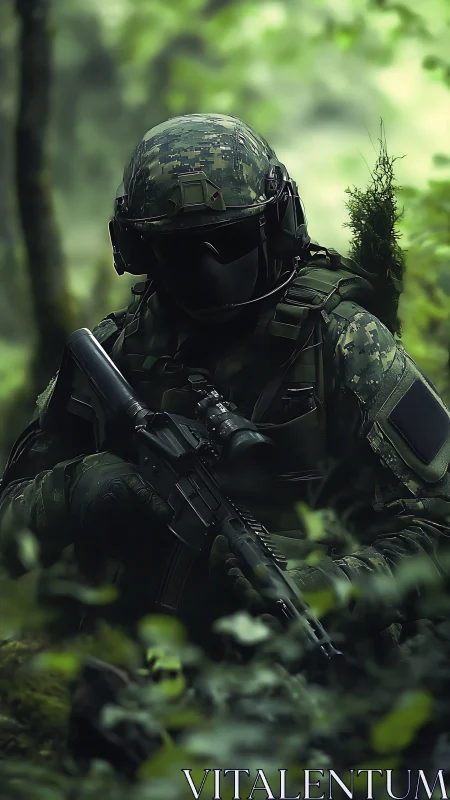 Shadowed forest sniper cloaked in digital jungle camouflage.