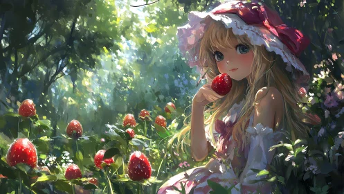 Girl holds a strawberry while seated in dense forest garden