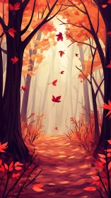 Autumn Forest Passage with Descending Maple Leaves