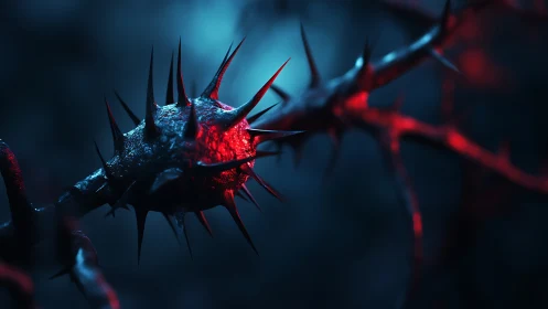 Spiked organic form lit by red and blue highlights.