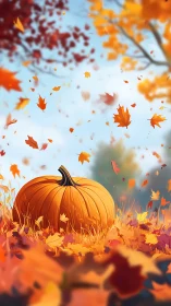 Golden pumpkin resting in a swirl of bright autumn leaves.