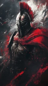 Spartan warrior in crimson cloak amid storm of brushstrokes.