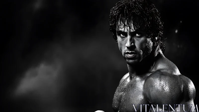 Intense muscular boxer in dramatic monochrome portrait.