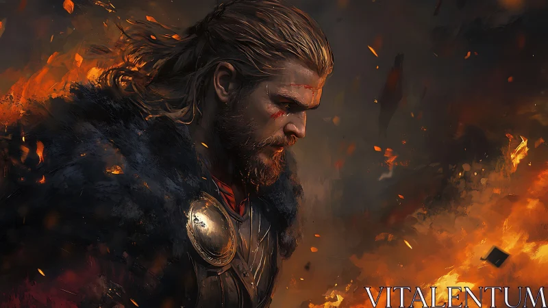 Digital painting of a Viking warrior in cinematic firelit profile.