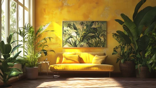 Sunlit yellow sofa anchors lush tropical living room oasis.