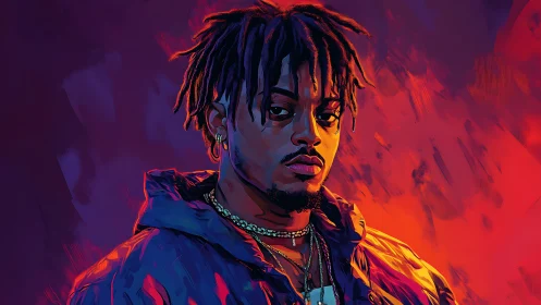 Neon-lit portrait of man in jacket against fiery gradient.