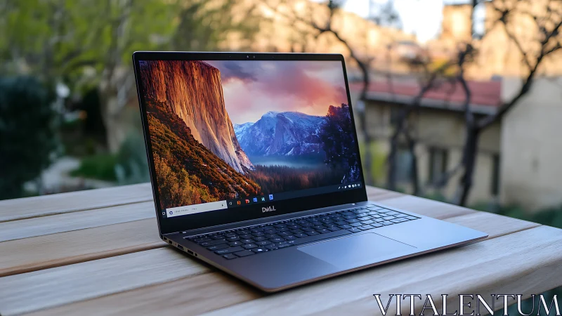 Sleek laptop gazing at a sunset mountain desktop dreamscape.