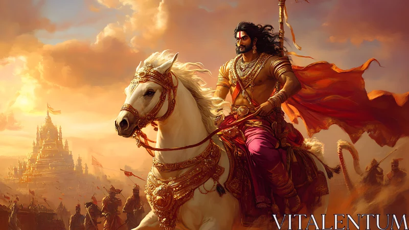 Warrior king on white steed in radiant mythic battlefield.