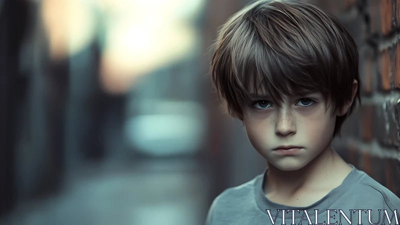 Young boy in urban decay. Contemplative expression.