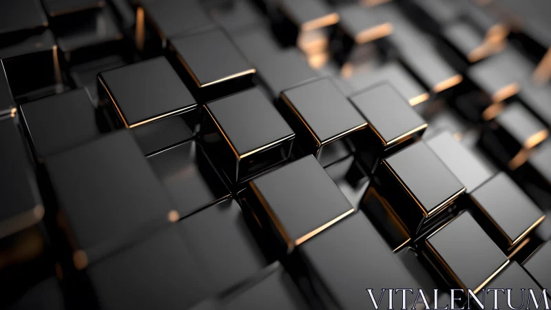 Shiny Black 3D Cubes Abstract Pattern with Gold Edges, Modern Style.