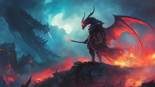 Moonlit draconic warlord atop flaming abyssal cliffs.