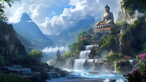 Serene mountain valley with tiered waterfalls and Buddha statues.