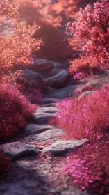 Stone garden path under dense pink and red foliage.